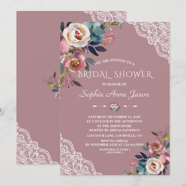 Invitation Charm Dusty Bleu Dusty Rose Fête des mariées Fleur (Devant / Derrière)