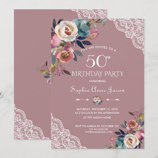 Invitation Charm Dusty Blue Dusty Rose Fleurs 50e anniversair (Devant / Derrière)