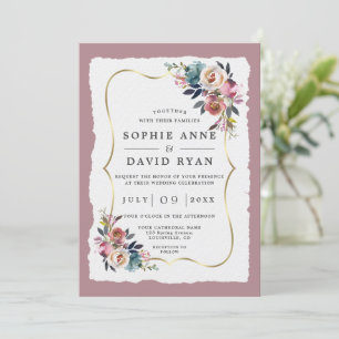 Invitation Charm Dusty Blue Flowers Misty Rose Gold Mariage