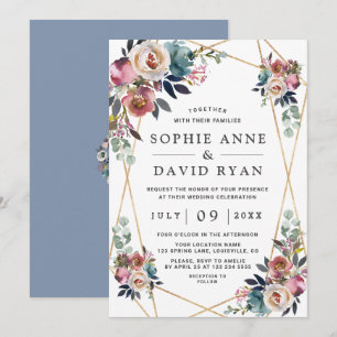 Invitation Charm Dusty Blue Misty Rose Floral Gold Mariage