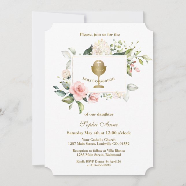 Invitation Charm Fleurs roses Frame Girl First Holy Communion (Devant)