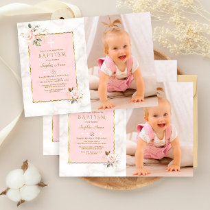 Invitation Charm Fleurs Roses Gold Girl Photo Baptême