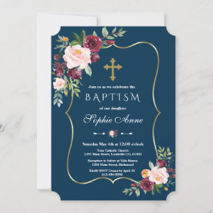 Invitation Charm Gold Burgundy Blush Floral Navy Baptême bleu