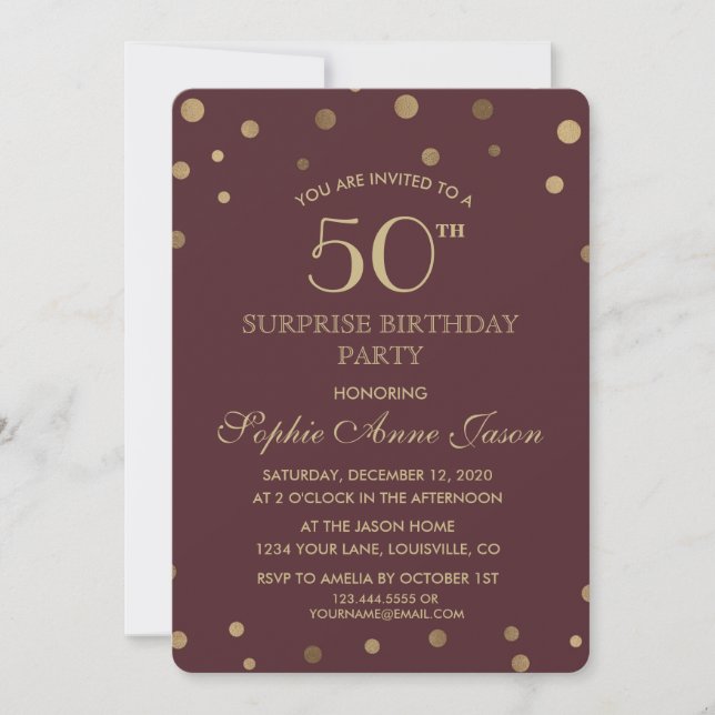 Invitation Charm Gold Confetti Bourgogne 50e fête d'anniversa (Devant)