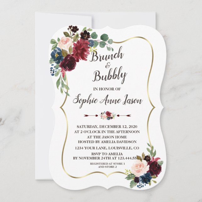 Invitation Charm Gold Merlot Navy Blue Floral Fête des mariée (Devant)