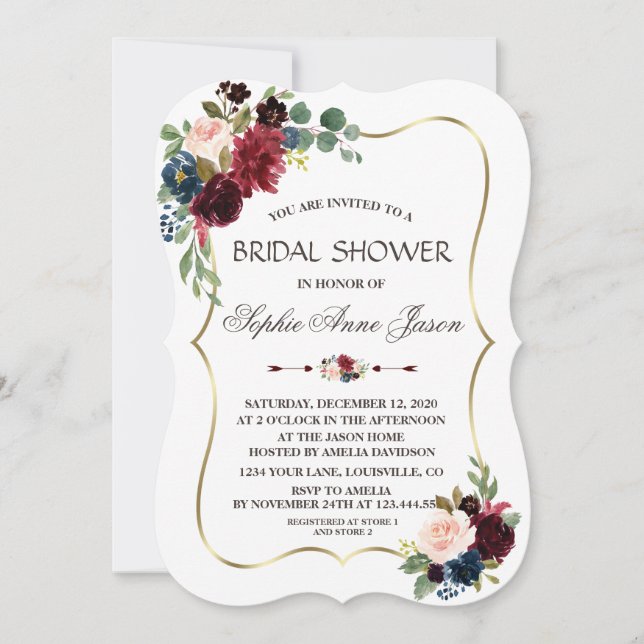 Invitation Charm Gold Merlot Navy Blue Floral Fête des mariée (Devant)