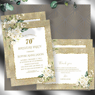 Invitation Charm Gold Parties scintillant Fleurs blanches 70e