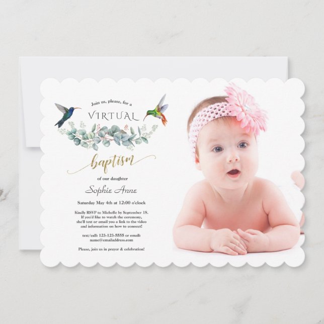 Invitation Charm Hummingbird Floral Photo Girl Baptême en lig (Devant)