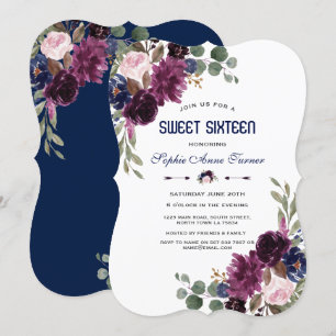Invitation Charm Lavender Marine Bleu Floral Fleuron Sweet 16