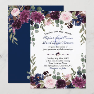 Invitation Charm Lavender Marine bleu Floral Floral Mariage