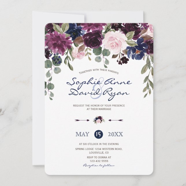Invitation Charm Lavender Marine bleu Floral Floral Mariage (Devant)