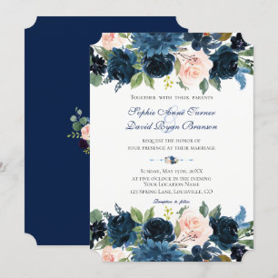Invitation Charm Marine bleu Blush Floral Bloom Mariage