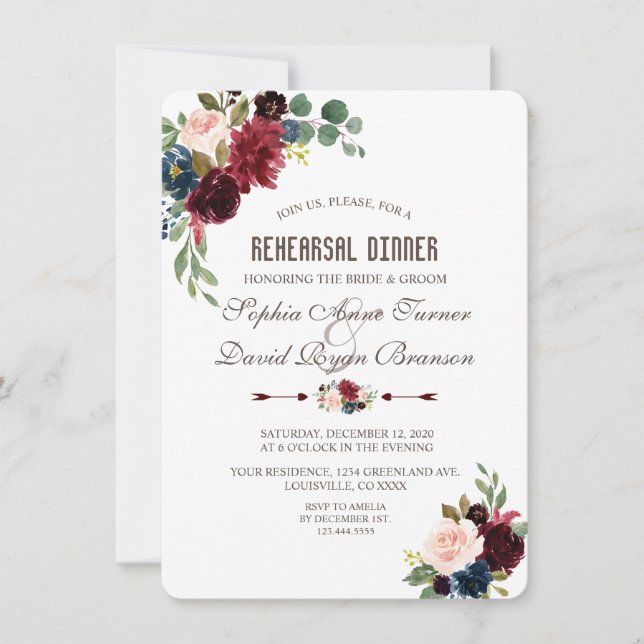Invitation Charm Merlot Navy Blue Floral Rehearer Dîner (Devant)