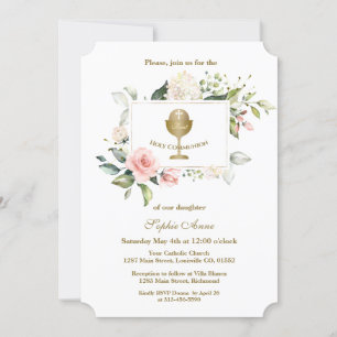 Invitation Charm Pink Flowers Frame Girl First Holy Communion