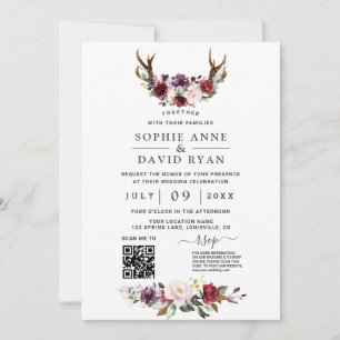 Invitation Charm QR Code Aquarelle Fleurs Antlers Mariage