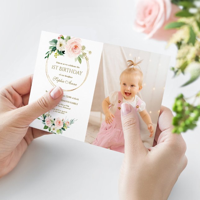 Invitation Charm Rose Blanc Floral Girl Photo 1er anniversair (Créateur téléchargé)