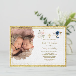 Invitation Charm Rose Bleu Or Floral Twins Photo Baptême
