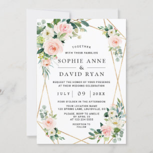 Invitation Charm Rose Blush Fleurs Blanches Mariage Or