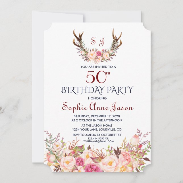 Invitation Charm Rose Blush Floral Antlers 50e anniversaire (Devant)