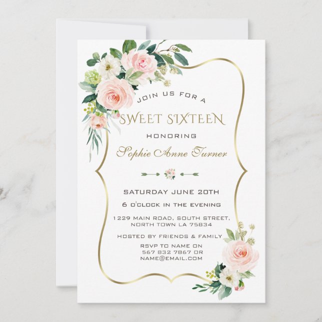 Invitation Charm Rose Blush ivoire Floral Or Frame Sweet 16 (Devant)