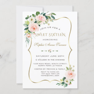 Invitation Charm Rose Blush ivoire Floral Or Frame Sweet 16