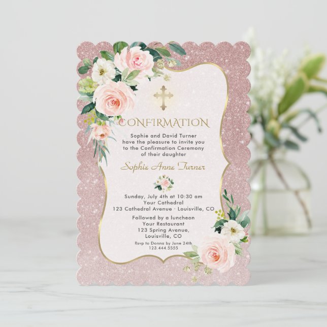 Invitation Charm rose Fleurs blanches Gold Girl Confirmation (Debout devant)