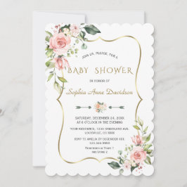 Invitation Charm rose Fleurs blanches Or Baby shower cadre Or