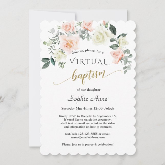 Invitation Charm rose Fleurs blanches Or Baptême virtuel (Devant)