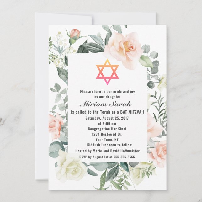 Invitation Charm rose Fleurs blanches Star of David Bat mitzv (Devant)