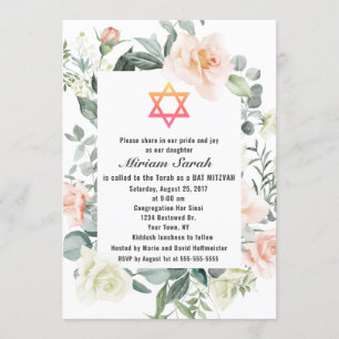 Invitation Charm rose Fleurs blanches Star of David Bat mitzv