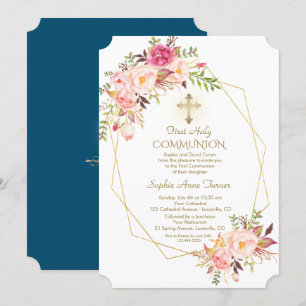 Invitation Charm rose Fleurs Rouges Or Frame Sainte Communion