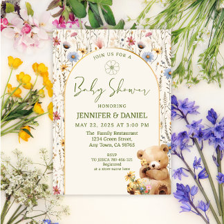 Invitation Charmant Baby shower d'ours à arc fleuri beige