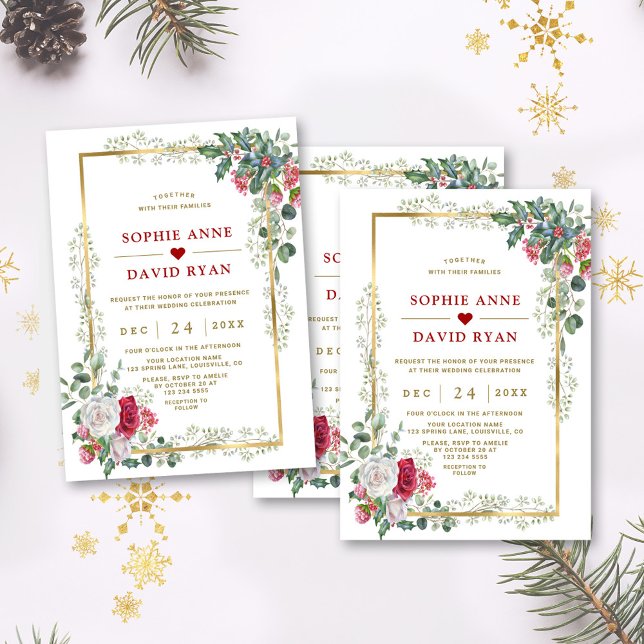 Invitation Charmant Blanc Rouge Floral or Mariage de Noël (winter red white flowers wedding invite, christmas arrangement wedding invitation)