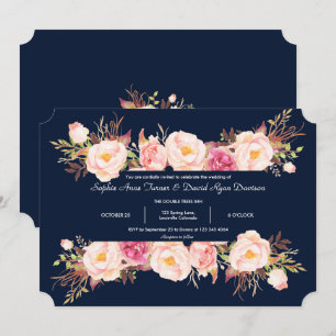 Invitation Charmant cadre floral rose bleu marine mariage