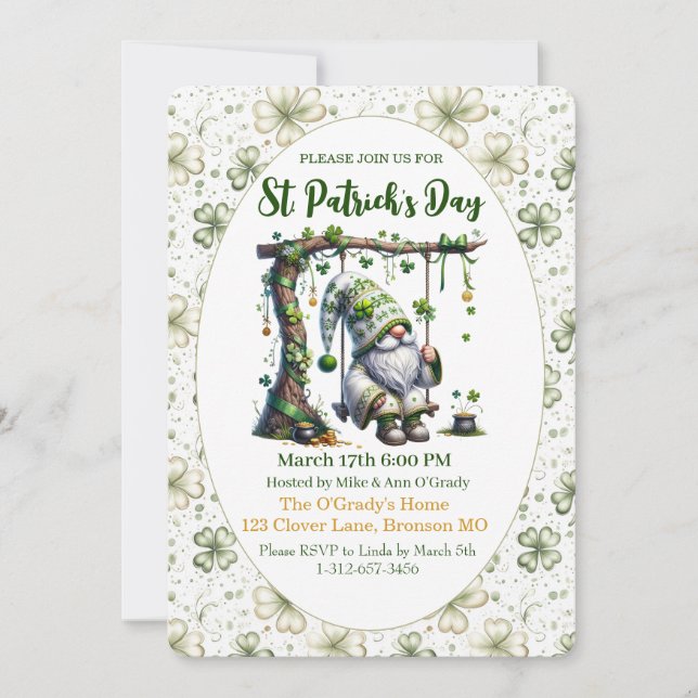 Invitation Charmant Gnome et Trèfles de la Saint-Patrick (Devant)