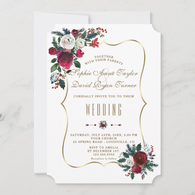 Invitation Charmant Hiver Bourgogne Floral Pine Gold Mariage (Devant)