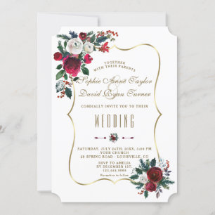 Invitation Charmant Hiver Bourgogne Floral Pine Gold Mariage