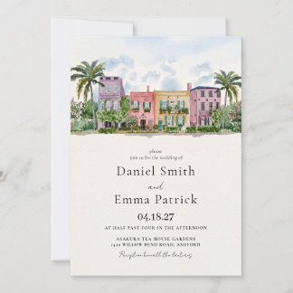 Invitation Charmant mariage aquarelle de Rainbow Row à Charle