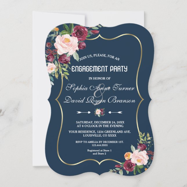 Invitation Charmant Merlot Bleu Marine Floral Fête de Fiançai (Devant)
