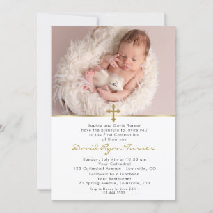 Invitation Charmante Baby Photo Gold Cross Sainte Communion