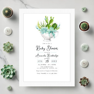 Invitation Charmante Baby Shower Tasse de Thé Plante Grasse