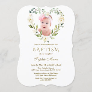 Invitation Charmante Fleurs Blanches Fille Florale Photo Bapt