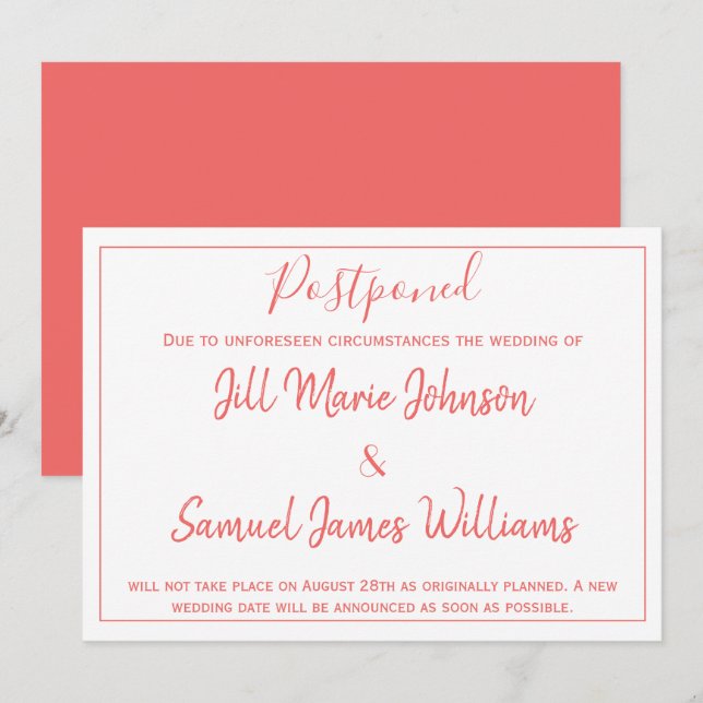 Invitation Charmante Mariage Coral et Blanc reportée (Devant / Derrière)