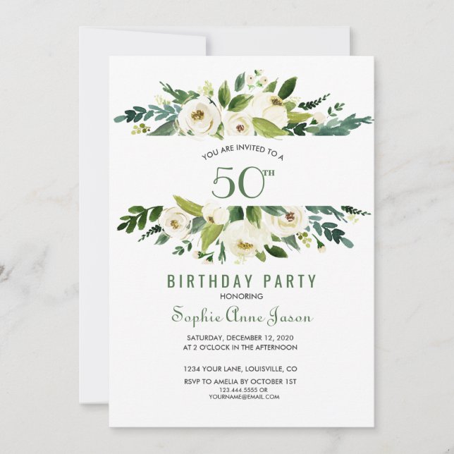 Invitation Charme Aquarelle Blanc Cadre Floral 50e Anniversai (Devant)