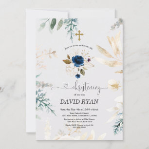 Invitation Charme Aquarelle Bleu Floral Or Christening