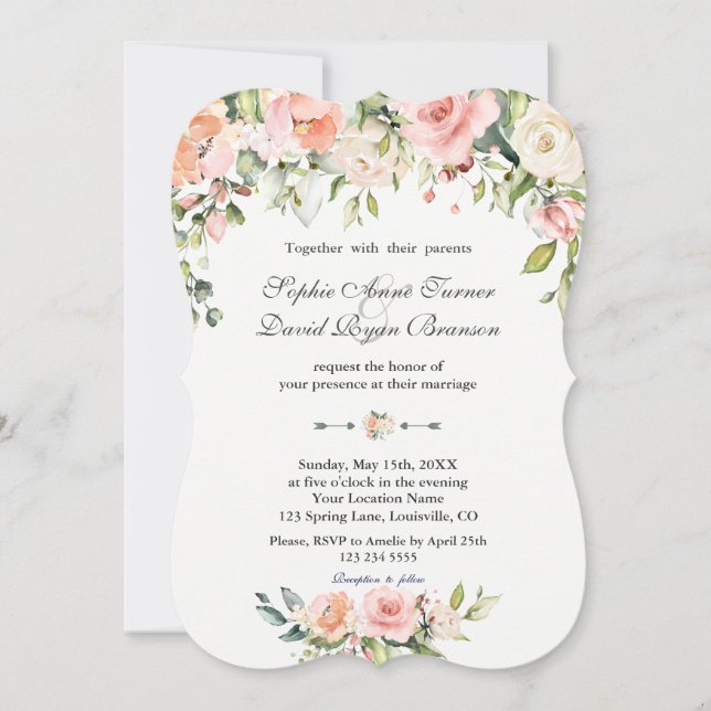 Invitation Charme Aquarelle Crème Bleue Mariage Floral (Devant)