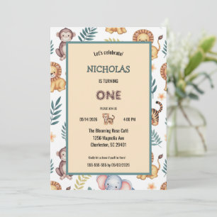 Invitation Charme Aquarelle Jungle Safari Animaux Anniversair