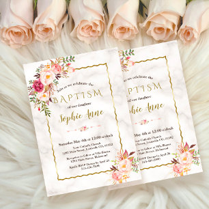 Invitation Charme Aquarelle Or Baptême Floral rose