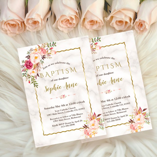 Invitation Charme Aquarelle Or Baptême Floral rose (elegant trendy floral baptism invitation, gold pink flowers baptism invitation)