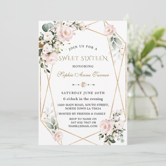 Invitation Charme Aquarelle rose Floral Or Frame Sweet 16 (Debout devant)